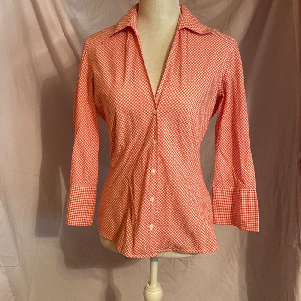 Peach gingham collar top 3/4 length sleeves